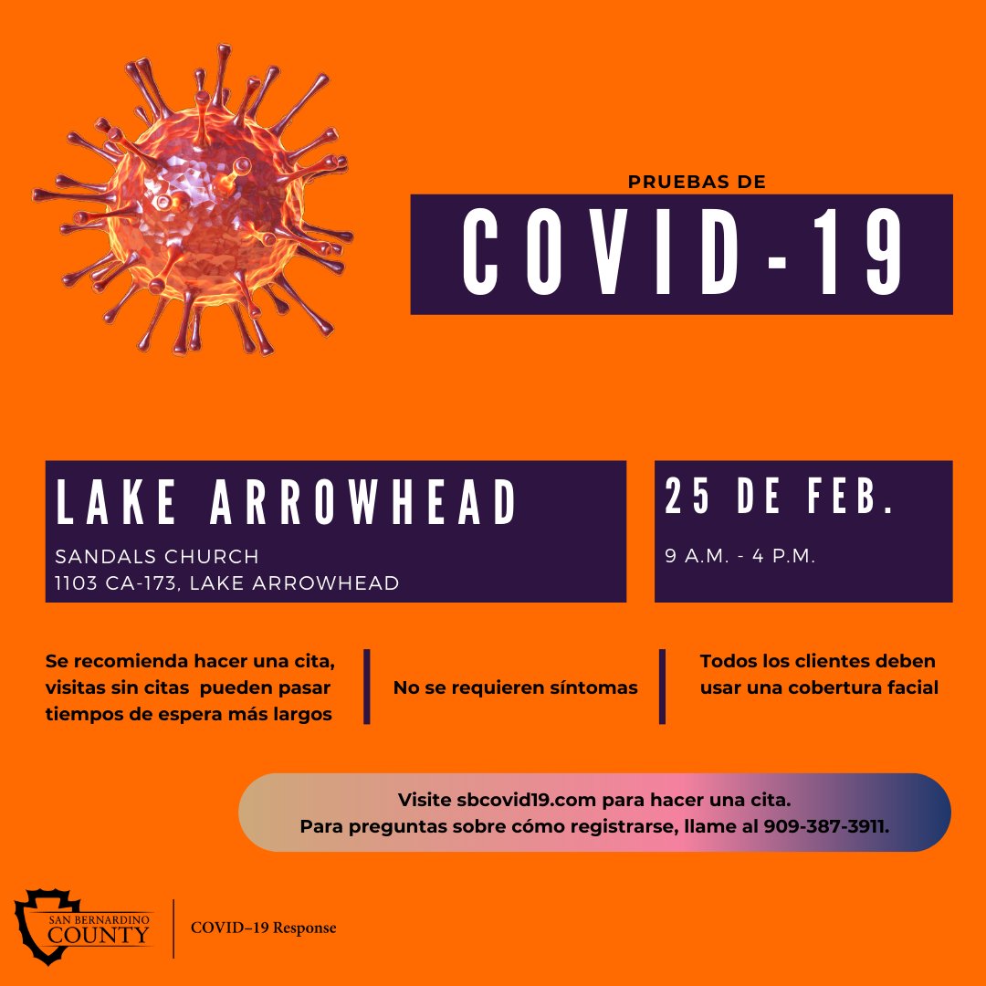 sbcountyph's tweet photo. Free COVID-19 testing available in Lake Arrowhead! To make your appointment, visit https://t.co/HnC1juiWN4.

Pruebas de COVID-19 están disponibles en Lake Arrowhead! Visite https://t.co/HnC1juiWN4 para hacer su cita. https://t.co/tqsXbFfKW2