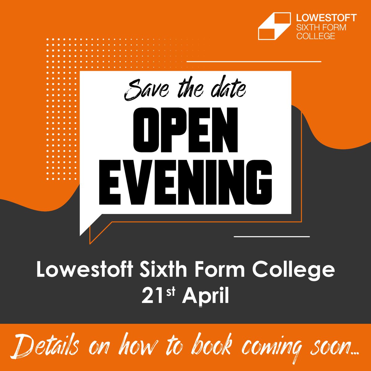 L6FC's tweet image. SAVE THE DATE!

We&apos;re excited to be able to welcome you to Lowestoft Sixth Form for an Open Evening in April to help you make your choices for this September.

We will shortly be creating booking slots so you can book a time to visit us, so keep an eye out for more details....