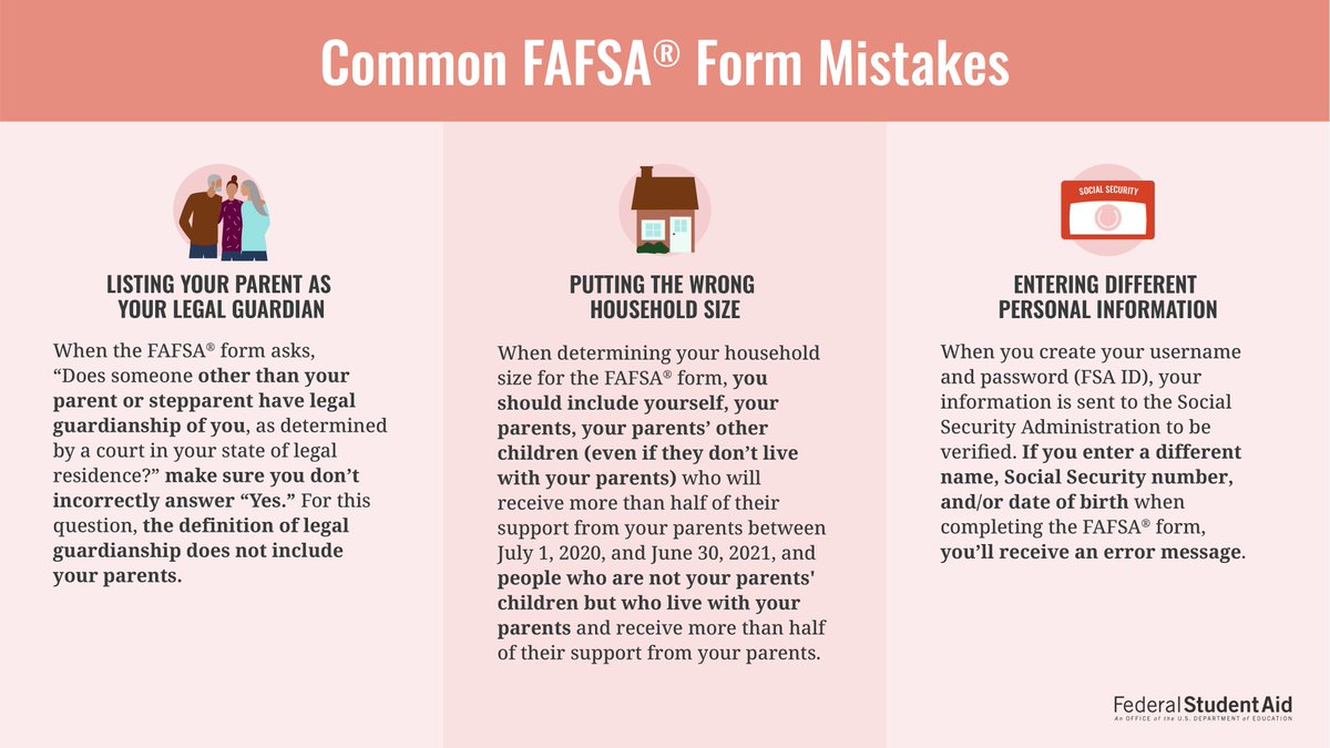 FAFSA's tweet image. Ready to complete the 2021–22 FAFSA® form? Keep these common mistakes in mind, and find more you should avoid at bit.ly/3uwsrZI