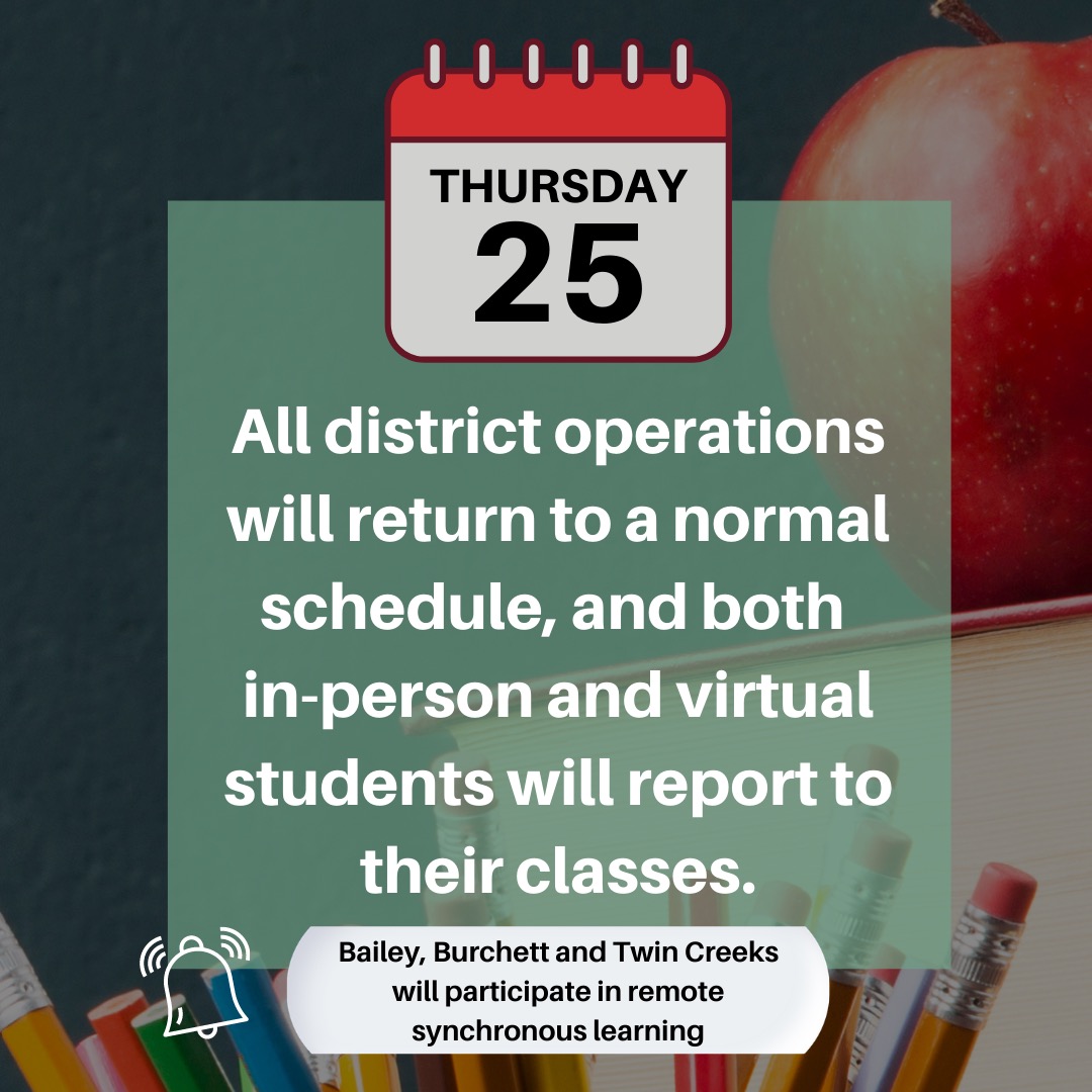SpringISD's tweet photo. REMINDER: On Thursday, Feb. 25 and Friday, Feb. 26, all district operations will return to a normal schedule. Students and teachers at Bailey, Burchett and Twin Creeks will participate in remote synchronous learning. #StaySafeSpring https://t.co/fRErvr5iZS