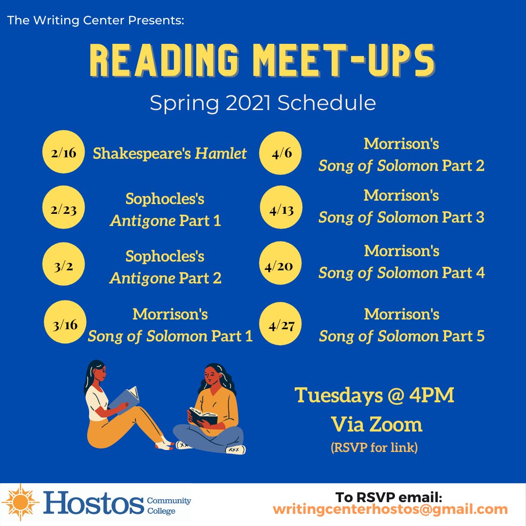 HostosWriting's tweet photo. Writers, our Reading Meet-Ups and Writing Seminars are back by popular demand with all new content.
Join us via Zoom on Tuesdays and Fridays at 4 P.M.
#ReadingMeetUps #Antigone #ToniMorrison #SongOfSolomon #ReadingTutors #WritingSeminars #Prompts #WritingTutors #Paraphrasing https://t.co/k5m1r8Ay4y