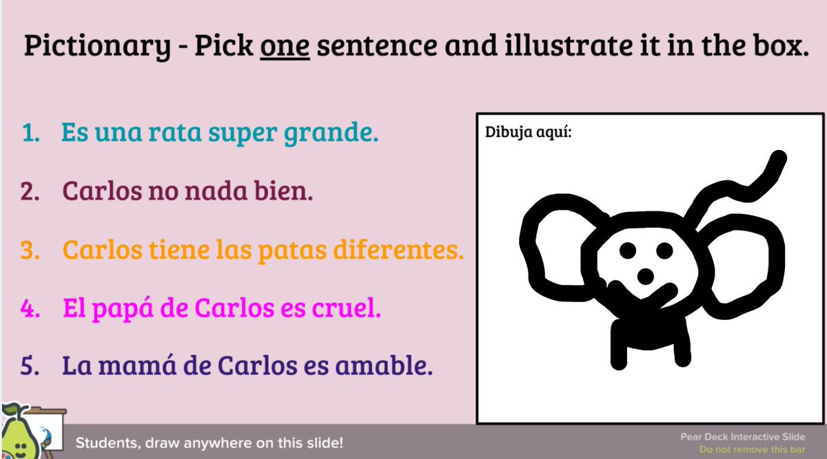 AutumnTYates's tweet image. 5th grade Spanish Students enjoyed Pear Deck Pictionary! I temporarily projected the dashboard after they finished drawing so they could guess which sentences from our novel were illustrated by different classmates. @PearDeck @MCanion @LangleyLeopards #langchat
