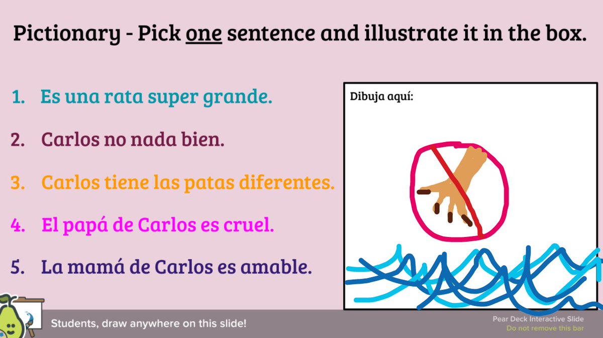 AutumnTYates's tweet image. 5th grade Spanish Students enjoyed Pear Deck Pictionary! I temporarily projected the dashboard after they finished drawing so they could guess which sentences from our novel were illustrated by different classmates. @PearDeck @MCanion @LangleyLeopards #langchat