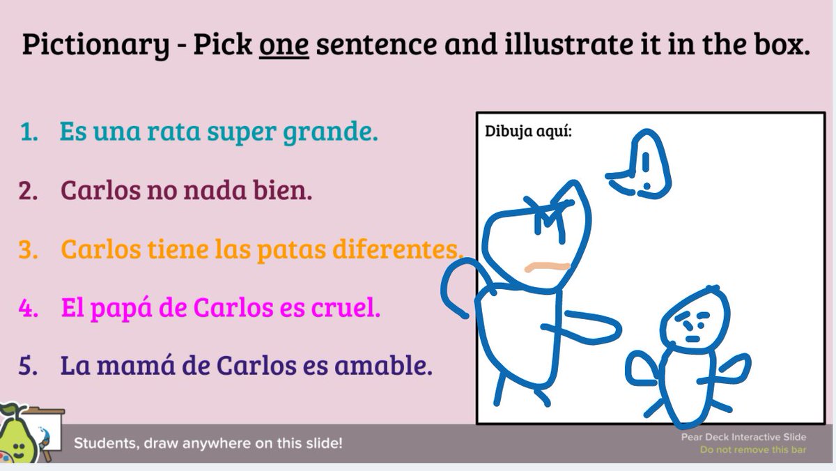 AutumnTYates's tweet image. 5th grade Spanish Students enjoyed Pear Deck Pictionary! I temporarily projected the dashboard after they finished drawing so they could guess which sentences from our novel were illustrated by different classmates. @PearDeck @MCanion @LangleyLeopards #langchat