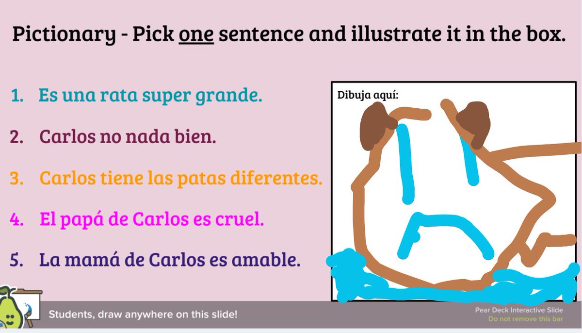 AutumnTYates's tweet image. 5th grade Spanish Students enjoyed Pear Deck Pictionary! I temporarily projected the dashboard after they finished drawing so they could guess which sentences from our novel were illustrated by different classmates. @PearDeck @MCanion @LangleyLeopards #langchat