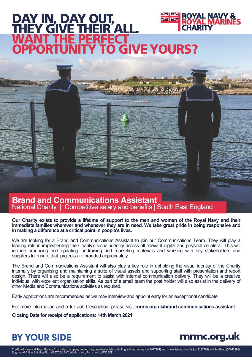 ❗ We're hiring ❗ 

The RNRMC is searching for a Brand and Communications Assistant to join our team.

For more information and to apply, visit bit.ly/3bxg8DW

*Application closing date: 14th March