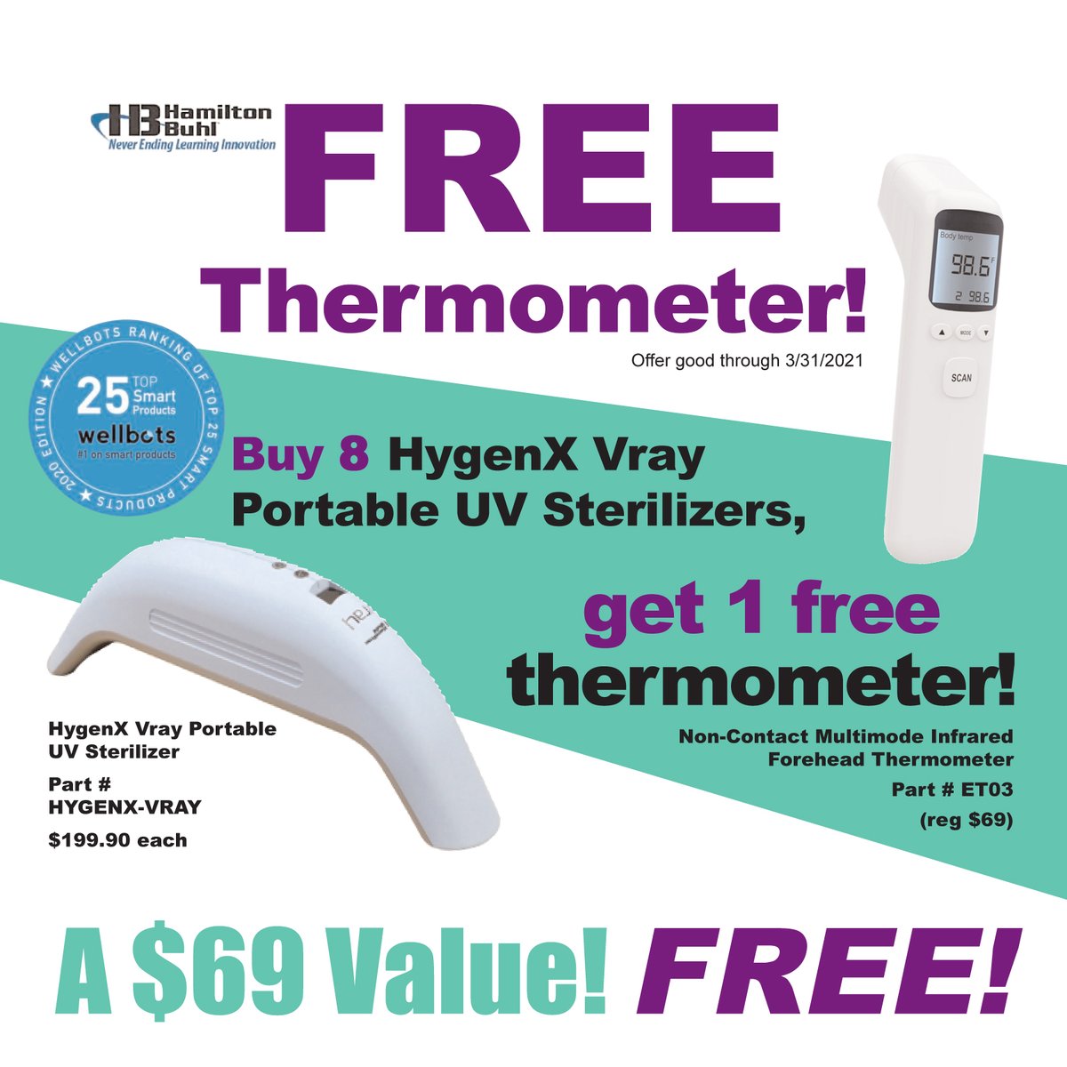 Get a FREE Non-Contact Forehead Thermometer with the purchase of 8 HygenX Vray Portable UV Sterilizers ($69 value). Check out this offer online at https://t.co/MpAaabsm6o https://t.co/qN0tDxcfnm