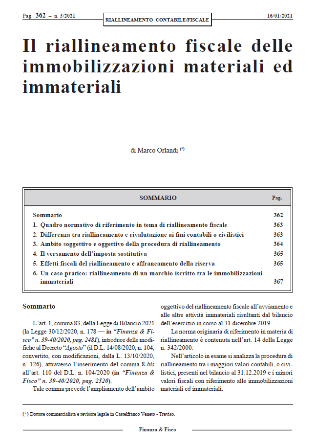 MarcoOrlandi67's tweet photo. Segnalo mio articolo: "Il riallineamento fiscale delle immobilizzazioni materiali ed immateriali", di Marco Orlandi,  Rivista "Finanza &amp; Fisco", n. 3 del 2021 https://t.co/xbnHGF5knC