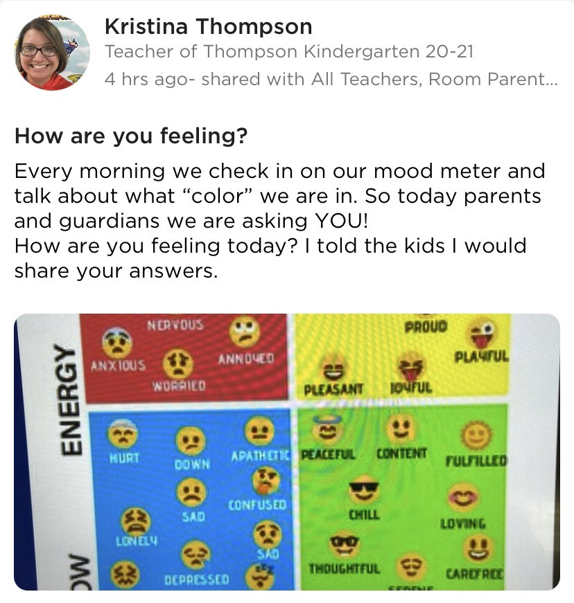 Mrs_KThompson's tweet photo. I posed this question 🤔 to my parents this morning, and wow what a great insight. 🤩 I shared the answers with the students throughout the day, and they loved hearing how their parents were feeling too! #SEL #moodmeter #checkin #connecting @marcbrackett @OldPointeElem https://t.co/WxIWklUblC