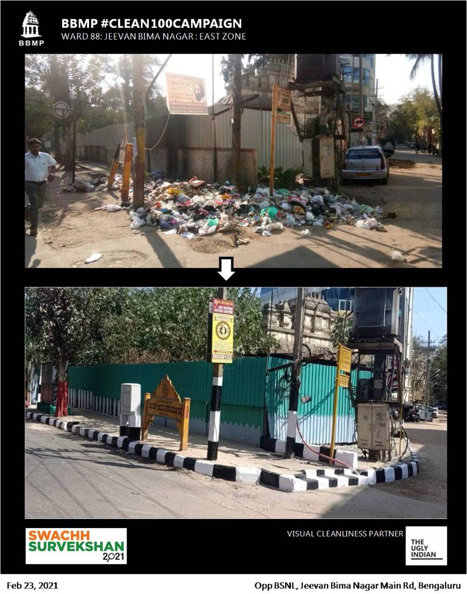 BBMPSWMSplComm's tweet photo. #Clean100Campaign moves to Jeevan Bima Nagar. Large #garbagespot eliminated opp BSNL / NPS Indiranagar. Thanks to all the hard working hands behind this beautification. #SwachhSurvekshan2021 @SwachSurvekshan @SwachhBharatGov #NammaOoruSwachhaBengaluru #SwachhBharatMission https://t.co/hApoU6BF24