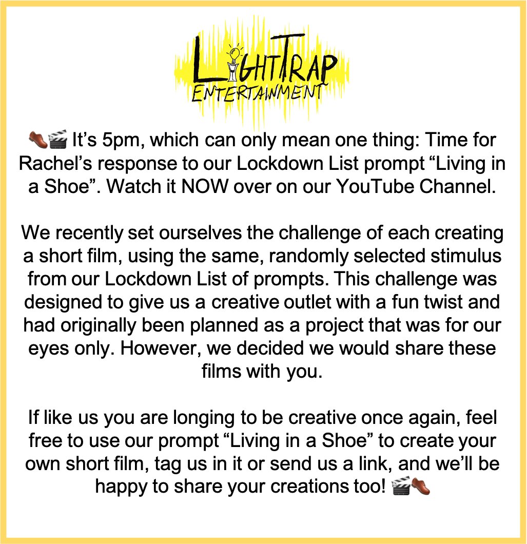 LightTrapEnt's tweet photo. Our fourth response to the #LockdownList prompt #LivingInAShoe. Today it's @RBAHowardActor's turn - Watch Here: https://t.co/8u4NxrxXX3! Feel free to make your own and we'll share our favourites! #ShortFilm #LightTrapLockdown https://t.co/kirsLRnIfC