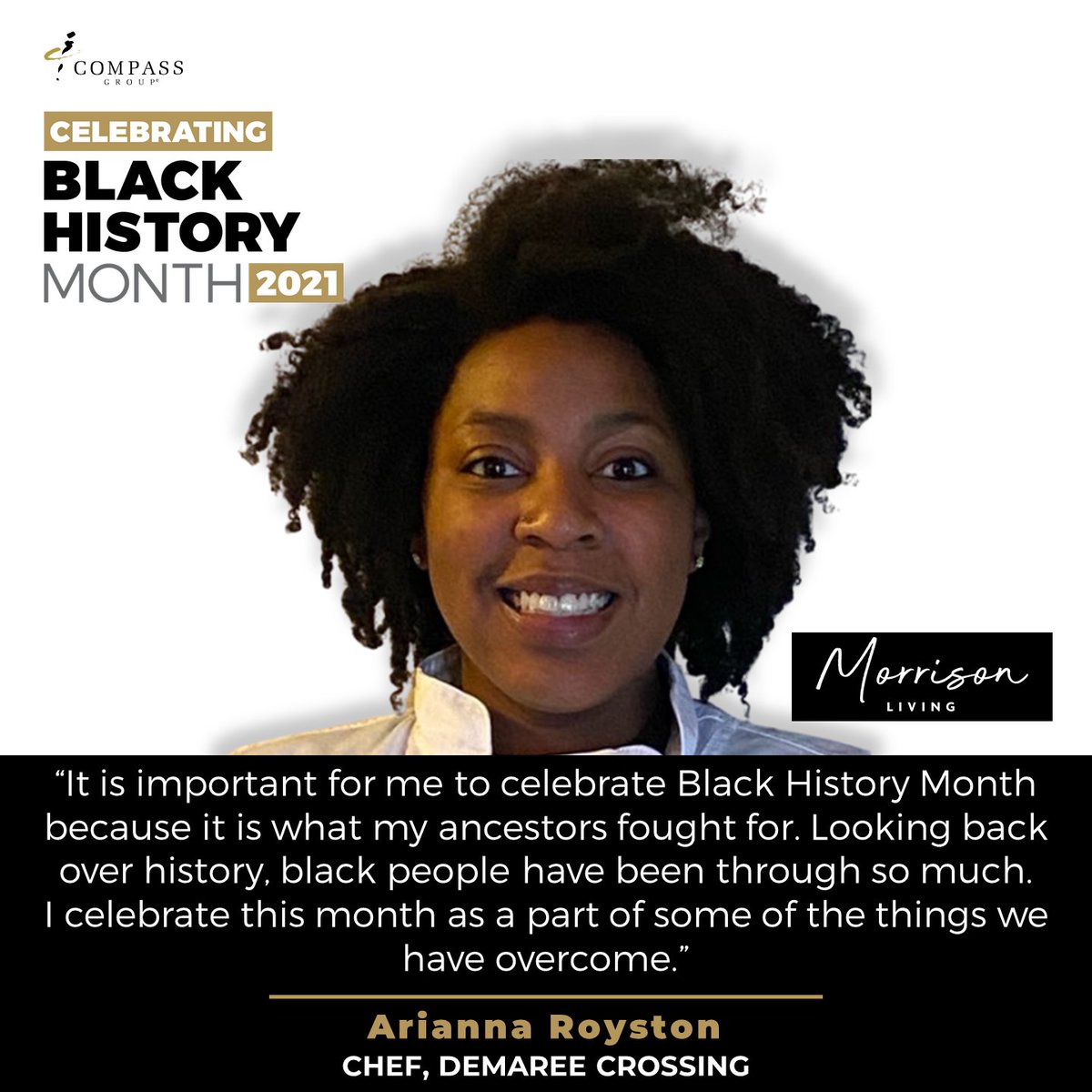 MorrisonLiving's tweet photo. Chef Arianna is making her community a better place, enriching the lives of everyone she encounters along her journey. She shares why Black History Month is so special to her! #CompassCelebratesBHM #AltogetherGreat https://t.co/vJefHS2ezD