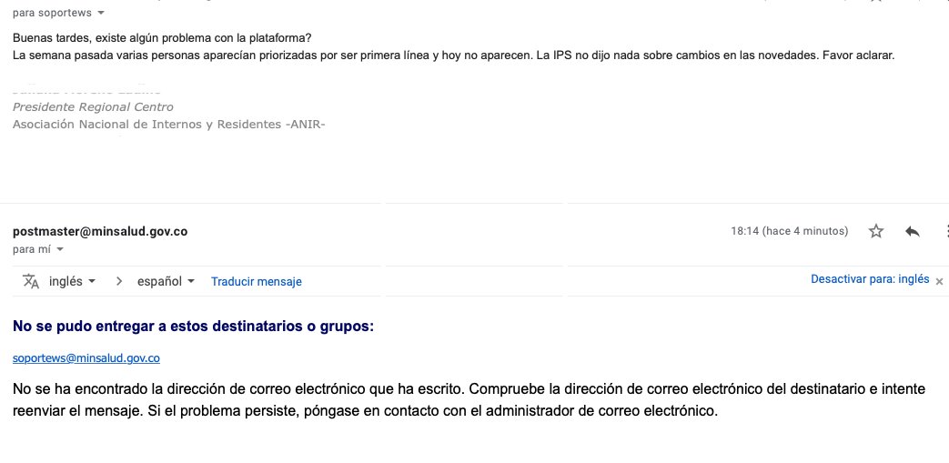 ANIR NACIONAL (@anirnacional) on Twitter photo Escribimos el correo e instantáneamente nos dicen que el correo que da el <a href="/MinSaludCol/">MinSalud Colombia 🇨🇴</a> NO EXISTE.
2/3 Escribimos el correo e instantáneamente nos dicen que el correo que da el <a href="/MinSaludCol/">MinSalud Colombia 🇨🇴</a> NO EXISTE.
2/3