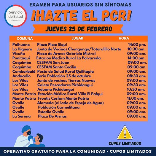 Este jueves 25 de febrero se realizarán 3 nuevos operativos PCR como parte de la estrategia de BAC en #LosVilos ⚠️ Exámenes solo a usuarios sin síntomas.

No olvides llevar cédula de identidad y llegar temprano para asegurar tu cupo #CuidémonosEntreTodos