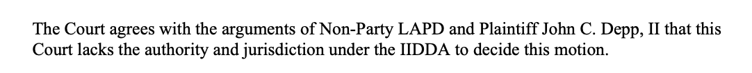 LauraBockov's tweet photo. Update:  Johnny Depp vs Amber Heard (California)
re  AMBER LAURA HEARD’S PETITION FOR PITCHESS DISCOVERY for LAPD - 
                                           DENIED!!!!!  
No further oral argument to be heard in court. https://t.co/SIdyGfrG5Z
