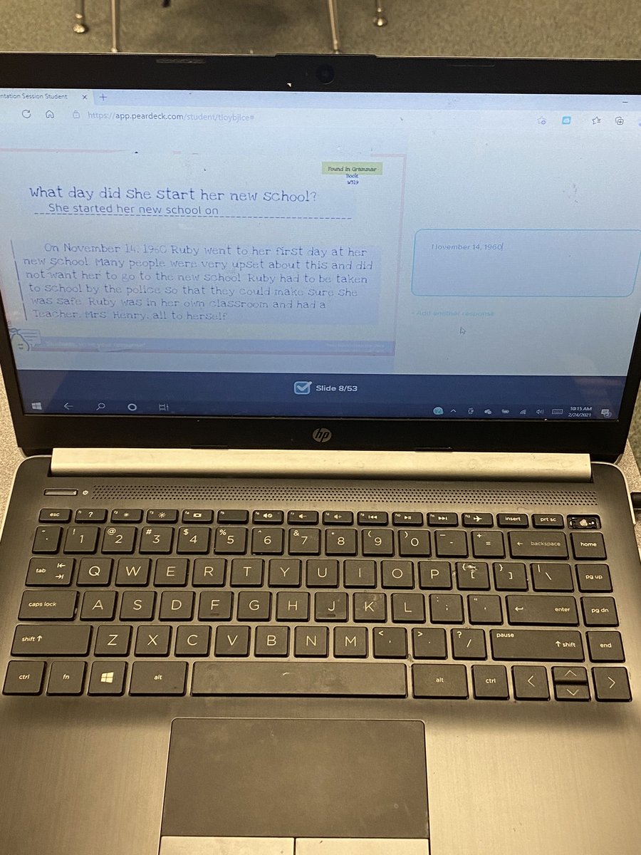 mrsjones_2nd's tweet photo. Today we used Peardeck to practice reading strategies as we read about Ruby Bridges. @PearDeck #blackhistorymonth https://t.co/afl5oPA28n