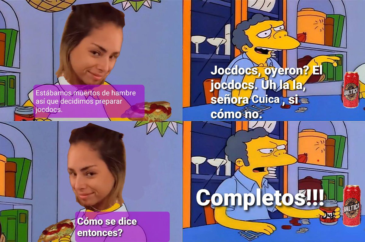 Cuica: Estábamos muertos de hambre así qué decidimos preparar jocdocs.  -Moe: Jocdocs, oyeron? El jocdocs. Uh la la, señora cuica, si cómo no.  -Cuica: Cómo se dice entonces? -Moe: Completos!!! #cuicos #Tocomple #, image size:1200x796