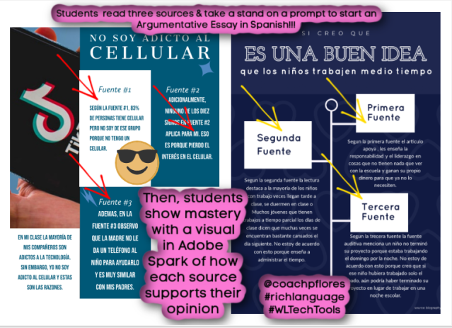 coachpflores's tweet photo. Argumentative Essays in #Spanish made easier w/@AdobeSpark 👏
🖌️Ss received 3 sources
🖌️Take a stand on a prompt
🖌️Support their opinion w/ea source
🖌️Show their thinking visually w/#adobespark images👍
@AdobeForEdu #AdobeEduCreative #WLTechTools #RedesignEd #CreateEdu #langchat https://t.co/d8VeCKorW1