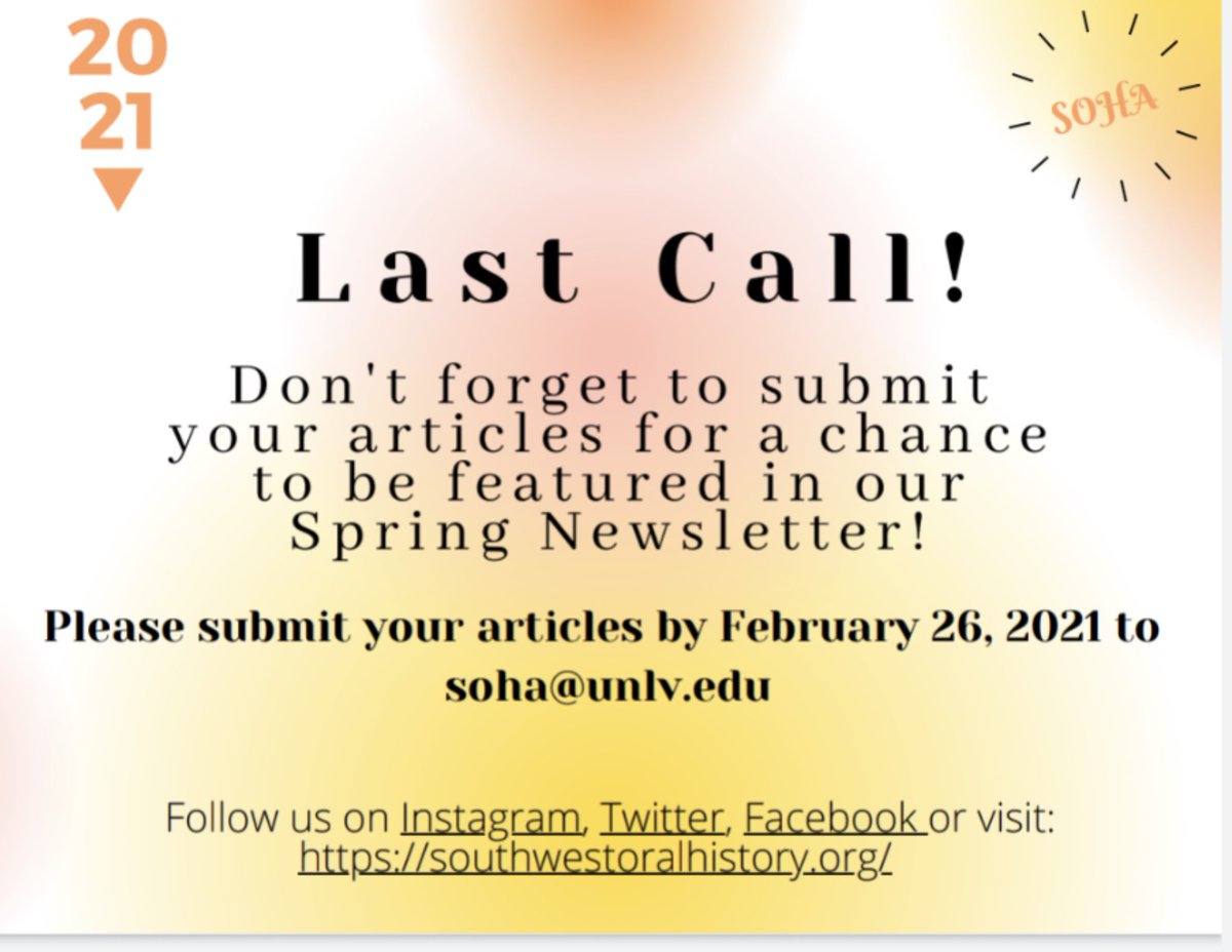 Calling all Writers! Reminder to email your article submissions to soha@unlv.edu by Friday, February 26th!