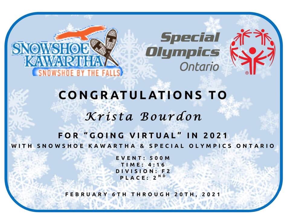 Congratulations to our two Special Olympic Athletes Jackelyn and Krista in the virtual snowshoe Kawartha 500m race. Jackelyn finished 🥇in her division Krista finished 🥈in her division well done!! <a href="/SOOntario/">Special Olympics Ontario</a> <a href="/SpecialOCanada/">Special Olympics Canada</a>