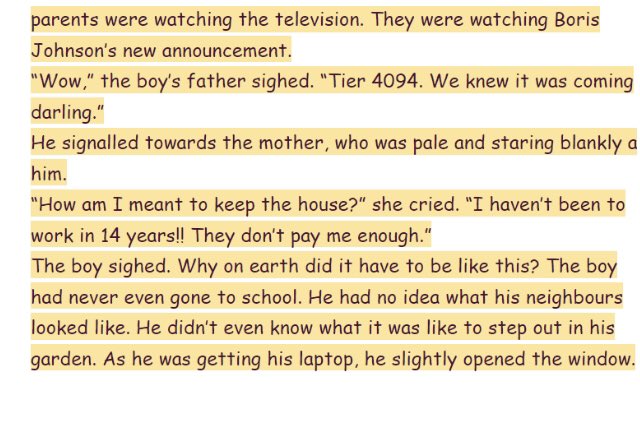 SWAspire's tweet photo. A short section of a short story by Amina, which we hope won’t come true! So excited about on-site learning again. #springwestscholars https://t.co/XELUpaS4wc