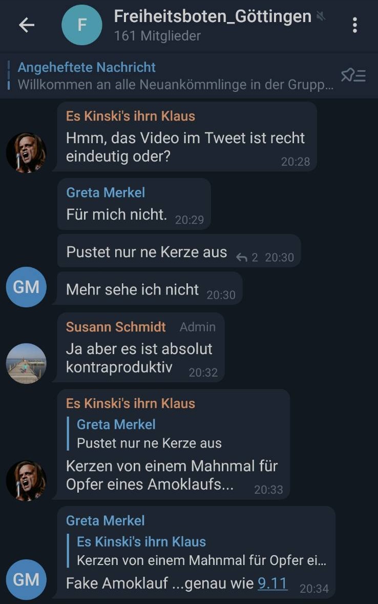 foto_kemp's tweet photo. Auch in der Telegram Gruppe der "#Freiheitsboten #Göttingen" wird die Aktion eines ihrer Mitglieder diskutiert.
Während einige das Beschädigen des #Hanau #Mahnmals als "kontraproduktiv" ansehen, halten andere den #Terror|akt selber für einen "Fake". https://t.co/P9obRbufQH