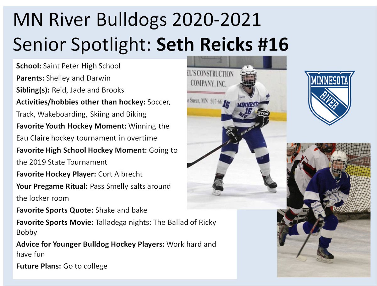 MNRiverBulldogs's tweet image. Next up today is Seth Reicks! Seth is a senior at St Peter High School and a forward for the Bulldogs. Seth is a great leader and hardworker on and off the ice. His energy and great attitude will be missed next season! #bulldogfamily