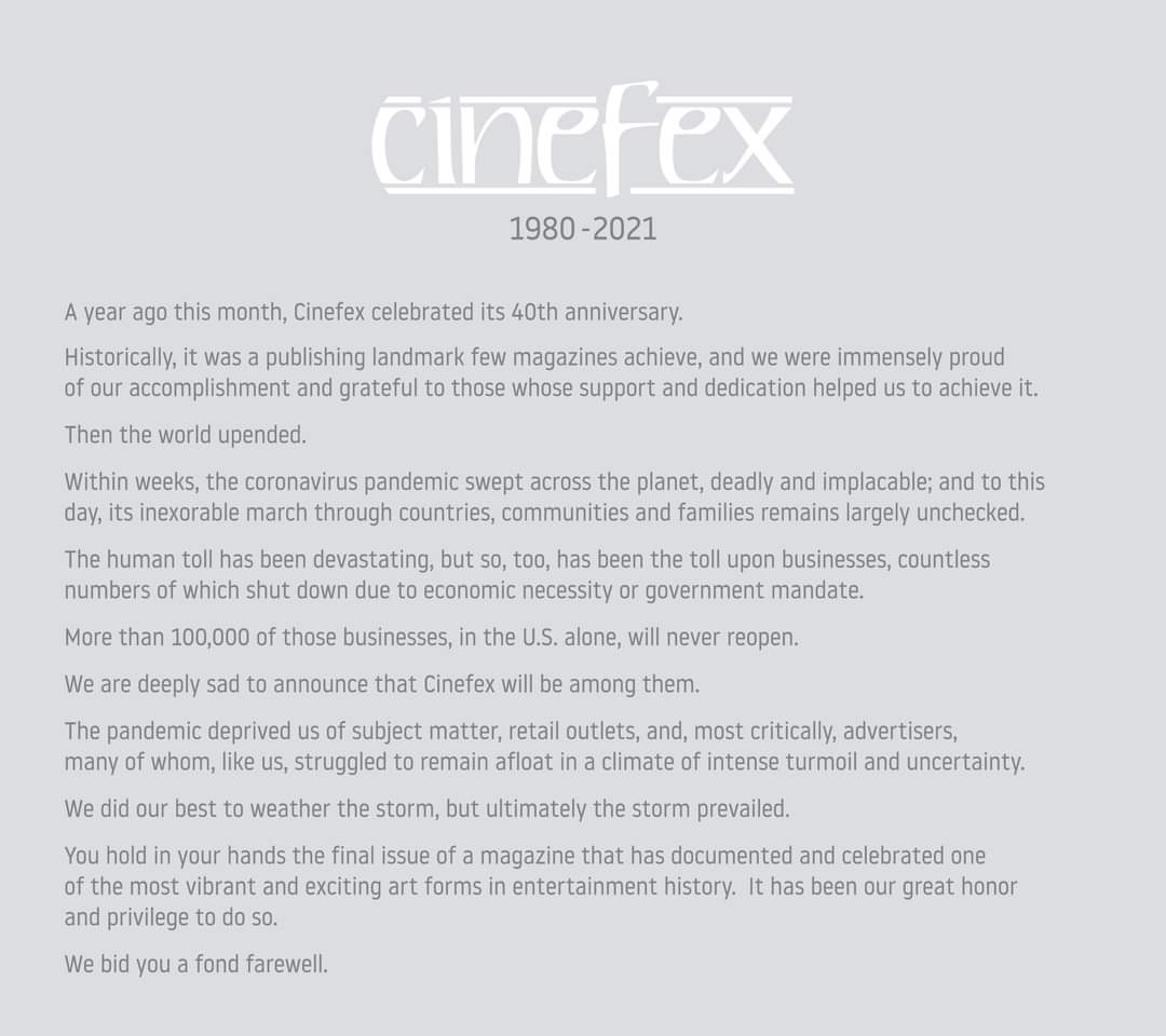 Splitscreen_PDC's tweet image. Fin d'un magazine incontournable et exceptionnel. Depuis 40 ans, Cinefex délivra les secrets des plus grands films visuels de sa période de vie jusqu'au moindres détails. Cinefex était une référence pour beaucoup dont nous. Cinefex faisait partie intégrante de tous nos dossiers.