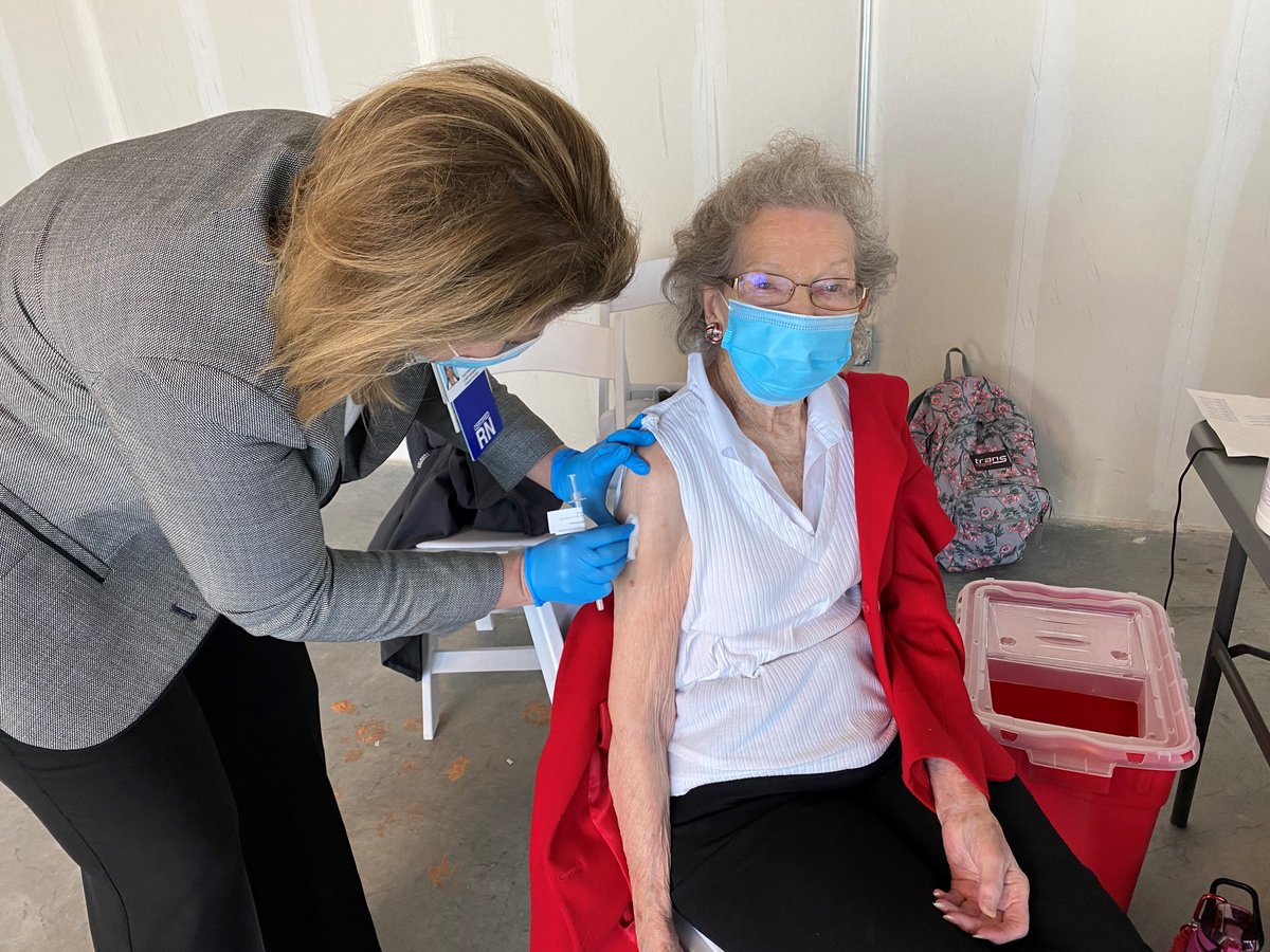 Matthew_Olivolo's tweet photo. This amazing 103-year-old NTX woman was pleased to get her second dose and is now #COVID19 #vaccinated. See her special story tomorrow on @NBCDFW with @BiancaNBC5. @bswhealth_DFW https://t.co/D4DK5hH11U