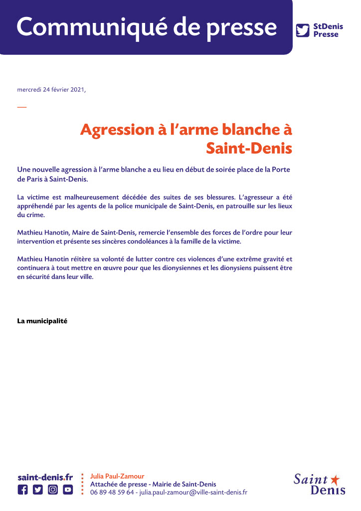 I COMMUNIQUÉ DE PRESSE I
Agression à l'arme blanche à Saint-Denis

retrouvez le communiqué en ligne ⬇️
ville-saint-denis.fr/communique/agr…