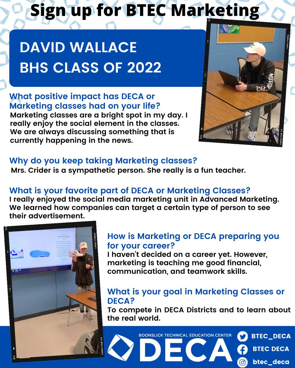 BTEC_DECA's tweet photo. David says "Marketing classes are a bright spot in my day. I really enjoy the social element in the classes." Sign up for a Marketing Class today! Boonslick Technical Education Center Boonville R-1 School District Buccaneer - Boonville High School Yearbook #BTECProud https://t.co/aCjoRgcX2N
