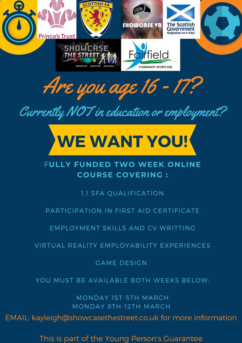 Our friends at #showcasethestreet are running a fully funded 2 week online course for 16-17 year olds to gain valuable skills such as First aid, cv writing skills and much more.
Starting Monday 1st March, please email kayleigh@showcasethestreet.co.uk for further information