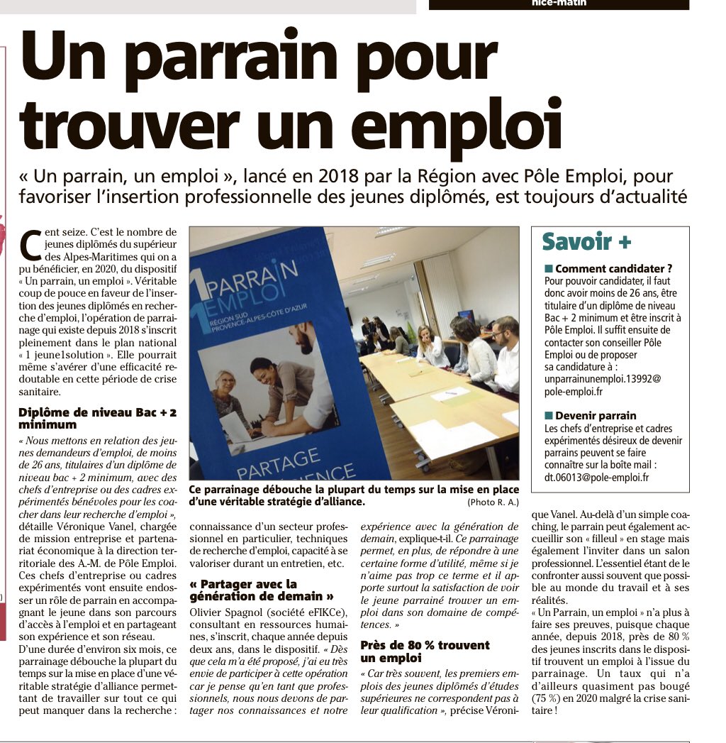 vivianework's tweet photo. #unparrainunemploi est un dispositif régional #regionsud avec #avecpoleemploi qui permet à des jeunes diplômés Bac +2 mini de bénéficier d’1 parrainage avec 1 chef ou 1 cadre d’entreprise véritable sésame pour ouvrir son réseau #1jeune1solution #poleemploi_var merci #var_matin https://t.co/GHxMe26rov