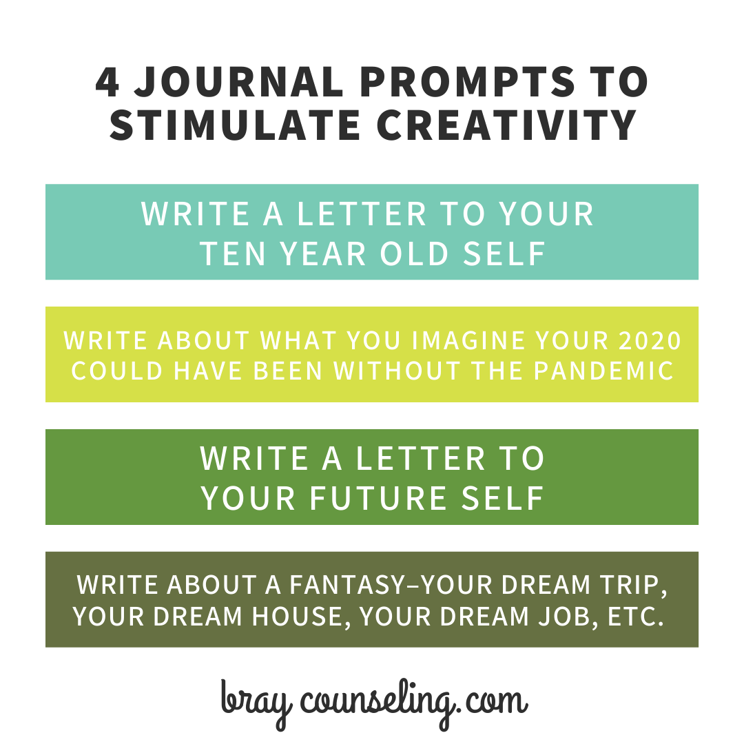 Feeling stuck and not creative lately? You're not the only one. DOn't put too much pressure on yourself, your creative spark will come back to you! If you're looking to give it a little nudge, here are some journal prompts to get your creativity flowing