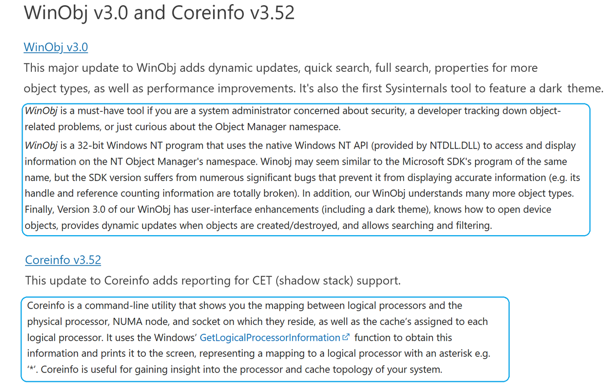 WZorNET's tweet photo. 😻📢🧰#Sysinternal Tools Updates for 🔧CoreInfo (v3.52) https://t.co/bxTfKUfHdd and 🔧WinObj (v3.0) https://t.co/qeD8rjCjju is NOW available👉https://t.co/NAvd1od77p https://t.co/00detGdSVZ