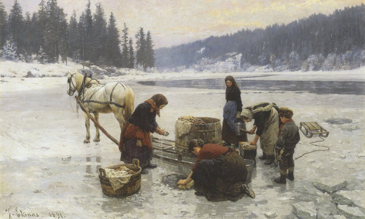 Women Doing Laundry Through a Hole in the Ice (1891) - by Norwegian painter, Jahn Ekenæs Every picture tells a story....