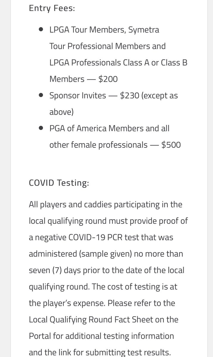 neil_monday's tweet image. Before attempting to Monday qualify for LPGA events, players need a negative Covid test at their own expense. 

Just add that expense to their entry fee and travel expenses.