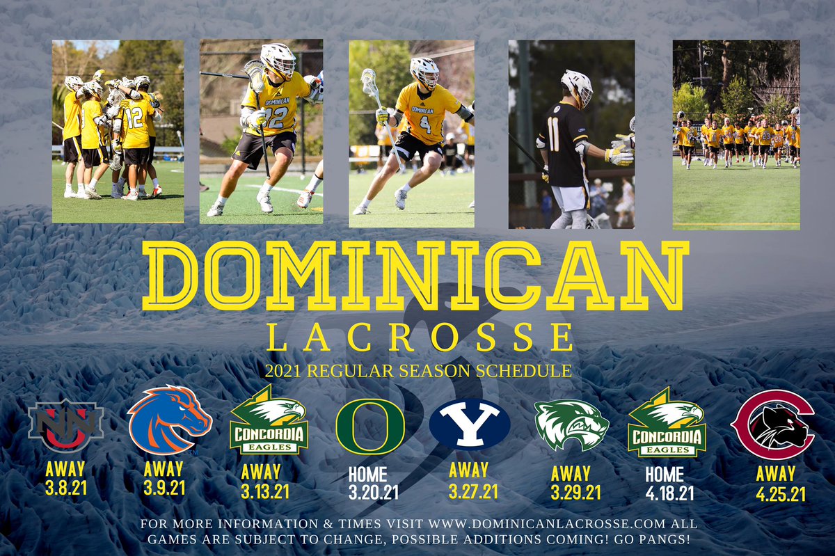 dominicanlax's tweet photo. Excited to release our 2021 Spring Schedule! Can’t wait to get back on the field with the boys! First game is March 8th! Go Pangs! Detailed schedule link in the bio! @MCLA @dominicansports @DominicanCANews @vvlacrosse @Inside_Lacrosse https://t.co/tGdgvSvgfw