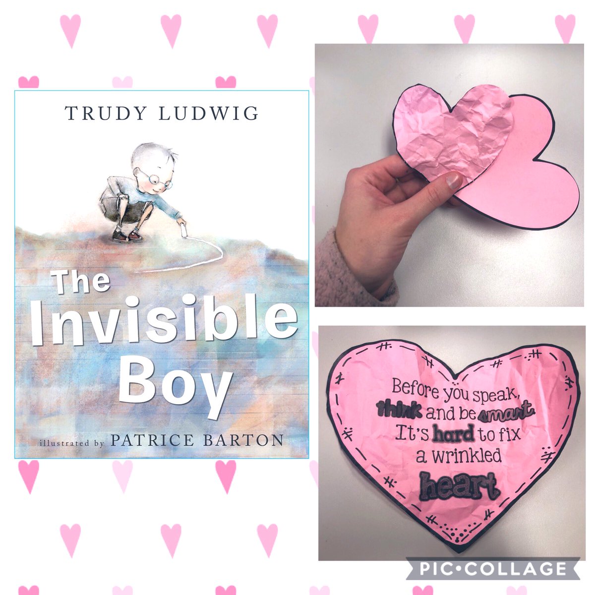 Today for #PinkShirtDay we read “The Invisible Boy” and crunched our hearts when someone was being unkind &amp; flattened them when someone was showing kindness in the book. We learned that it’s hard to fix a wrinkled heart &amp; our words and actions have a lasting impact on others. 💗