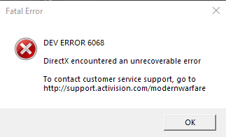 ToraniLive's tweet photo. @ATVIAssist Hey Support, I've been trying to play Warzone and Modern Warfare and constantly getting DEV ERROR 6068. I've tried most fixes online to no avail. Any help would be greatly appreciated! https://t.co/rndTbXLejy