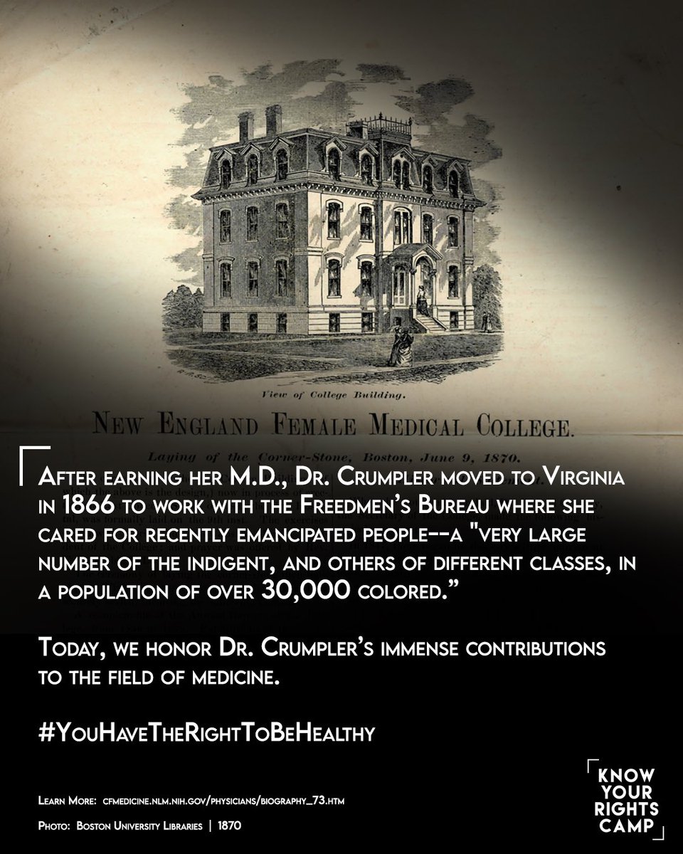 yourrightscamp's tweet photo. On this day in 1864, Rebecca Lee Crumpler passed her final oral exams at the New England Female Medical College in Boston, MA and became the first Black woman in the United States to earn an M.D. https://t.co/Fg0M2xTLAw