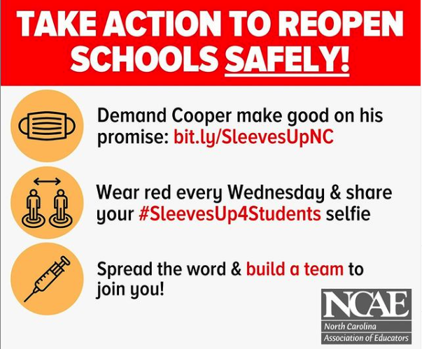 Today is the day! Educators in NC are officially eligible to sign up for their vaccines! Stay active and involved y’all- help us keep pressure on our governor to follow through with support for vaccines and reopening safely with the petition below and wearing your RED FOR ED!