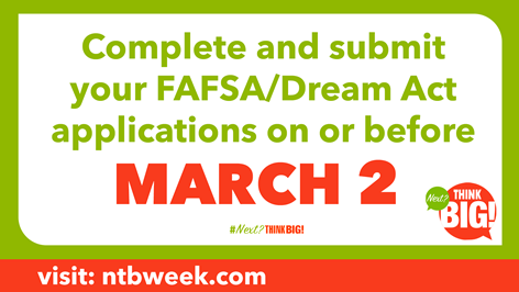 OneFutureCV's tweet photo. FAFSA/Dream Act applications are due March 2
The high school in each district with the highest number of students completing and filing their applications by the March 2 deadline, will win $3,000 cash prizes for their senior class. 💫
#NextthinkBig #OFCV https://t.co/OfICPpSPgZ