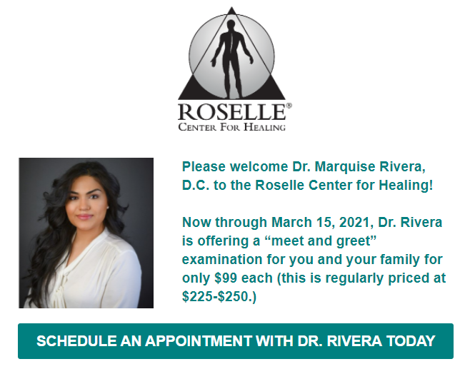 drtomroselledc's tweet photo. Welcome Dr. Marquise Rivera, DC to the Roselle Center for Healing. Click for details on a $99 examination with Dr. Rivera! @rosellecare @drtomroselle #rosellecenterforhealing #agelesshealth - https://t.co/NiNXlR6IIG https://t.co/pOlF6qyRWn
