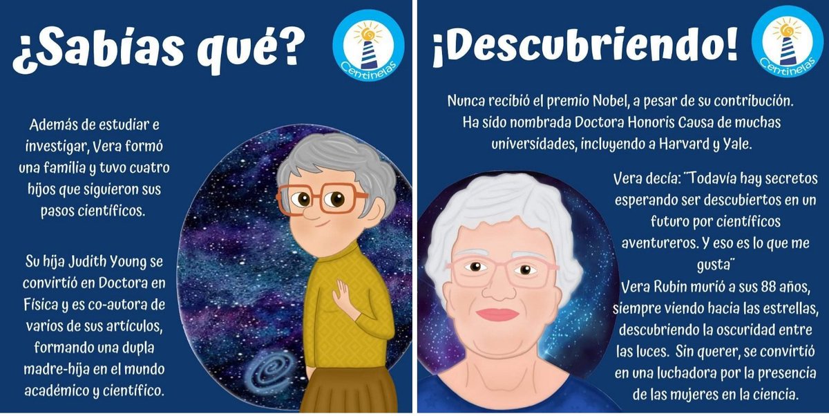 centinelasmty's tweet photo. ¡Vamos a conocer a Vera Rubin! Astrónoma, con su  descubrimiento de la materia oscura, revolucionó la astronomía y el concepto del universo.

#RetoCentinelas #verarubin #verarubinobservatory @SEP_mx  #leermexico #aprenderjugando  #actividadesinfantiles #aprendoencasa @cultura_mx https://t.co/2QTRCcoPOU