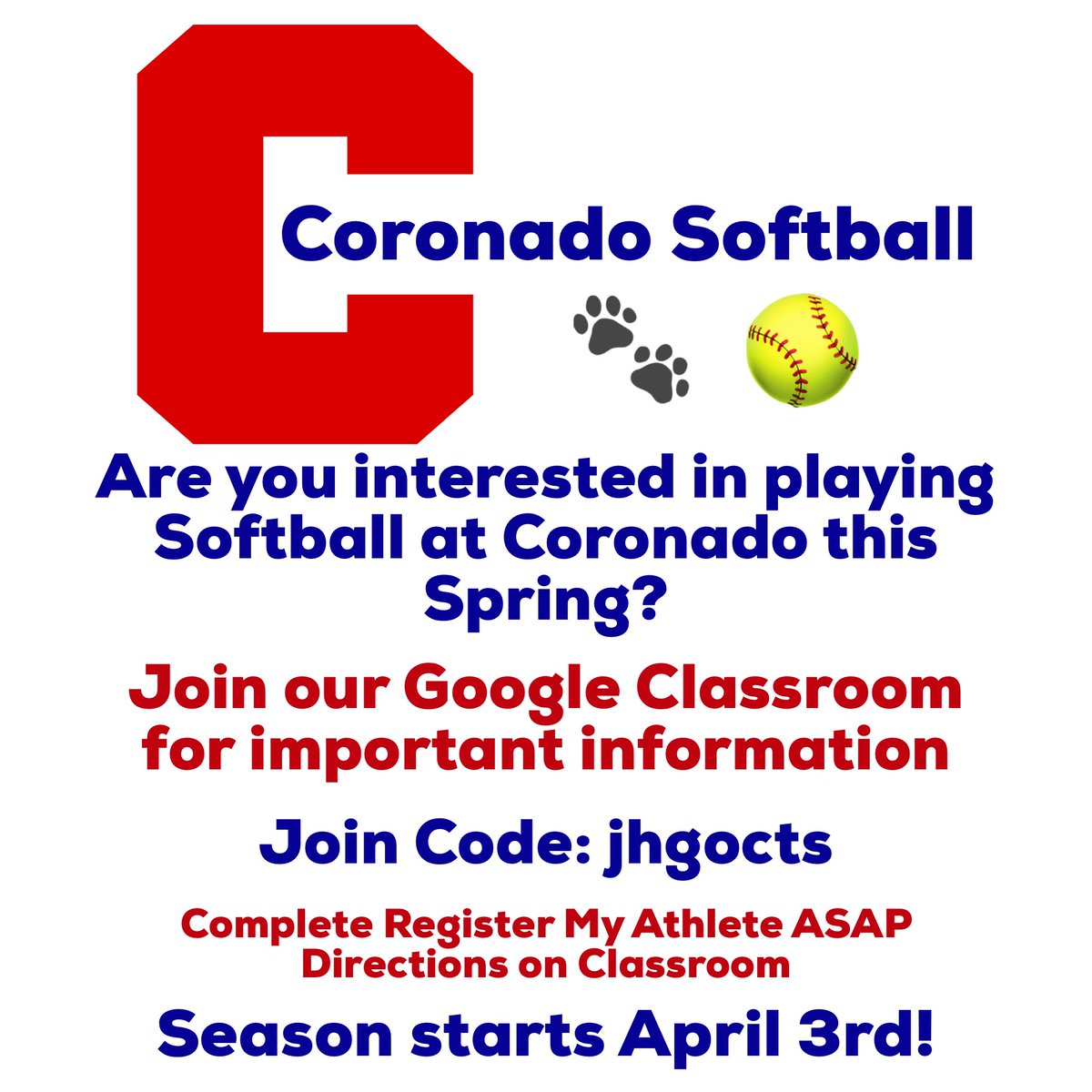CHSCougarsSB's tweet photo. We have a season!! April 3rd we start! 🥎🐾 https://t.co/iyRdh6yY4i