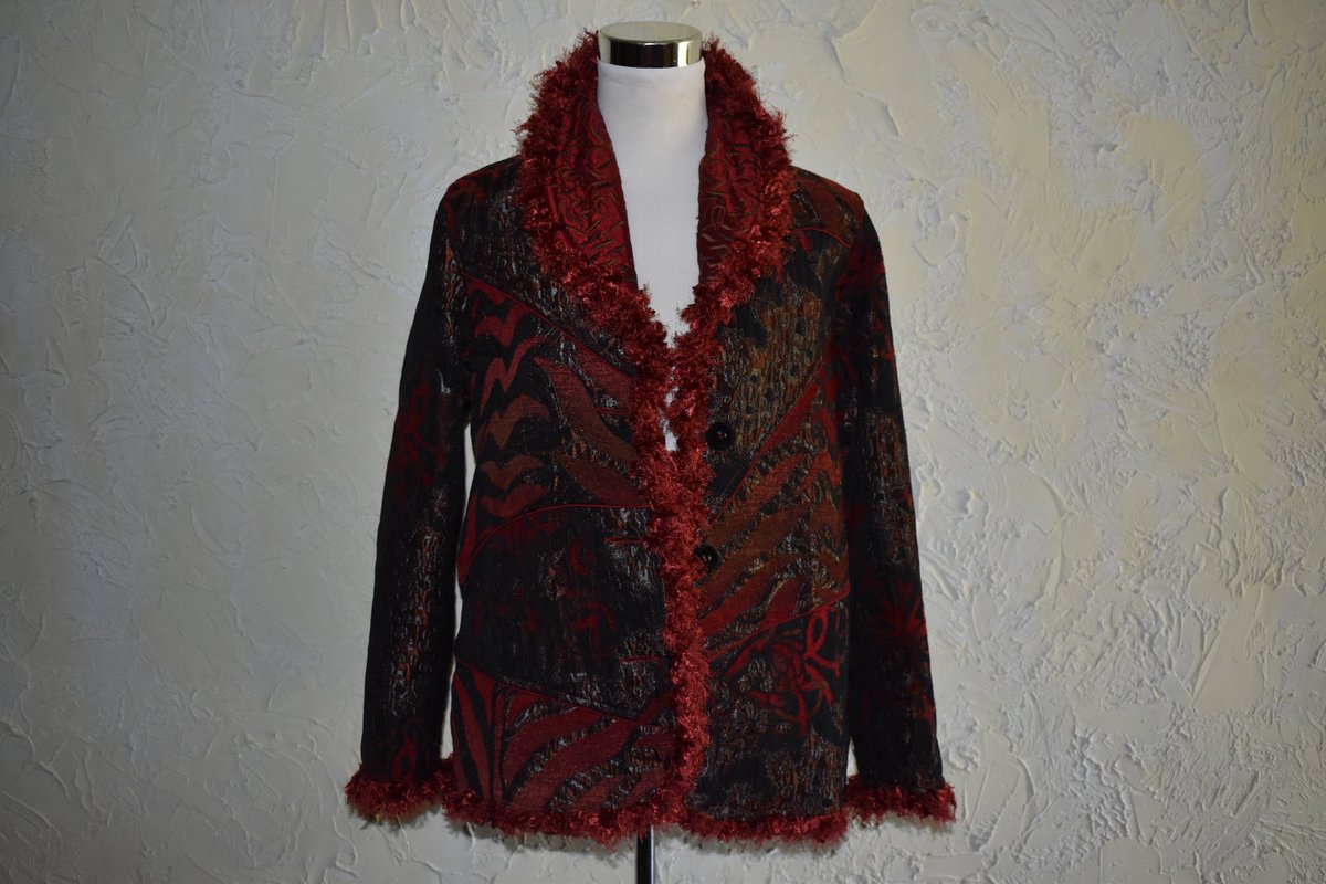Wisdom_Lane's tweet image. Collectible YAKMAGIK Ladies Button Front Jacket Or Coat Red And Black Floral Motif Fringe Trim On Collar and Cuffs Size Medium tuppu.net/c359391 #WisdomLane #Etsy #ButtonFront