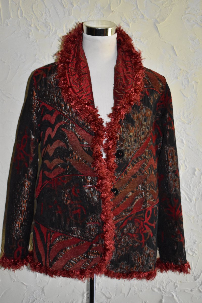 Wisdom_Lane's tweet image. Collectible YAKMAGIK Ladies Button Front Jacket Or Coat Red And Black Floral Motif Fringe Trim On Collar and Cuffs Size Medium tuppu.net/c359391 #WisdomLane #Etsy #ButtonFront