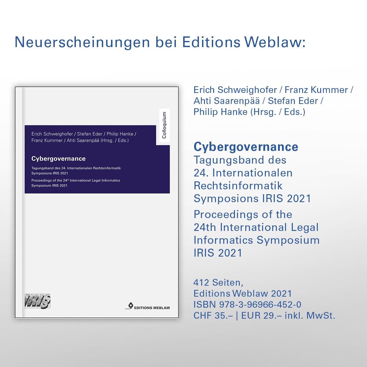 here we go! morgen gehts los mit #iris2021. pünktlich steht der tb bereit, über 400 seiten #rechtsinformatik, #datenschutz, #legaltech #covid #cybergovernance bestellen: iris.weblaw.ch <a href="/Philip_Hanke/">Philip Hanke</a> <a href="/Stefan__Eder/">Stefan Eder</a> <a href="/ESchw/">Erich Schweighofer</a> <a href="/ri_symposion/">IRI§25, 19.-22.02.25, Wien und HYBRID</a> <a href="/antongeist/">Anton Geist</a> <a href="/kaierenli/">Kai Erenli</a> <a href="/cwachter57/">cwachter57</a>
