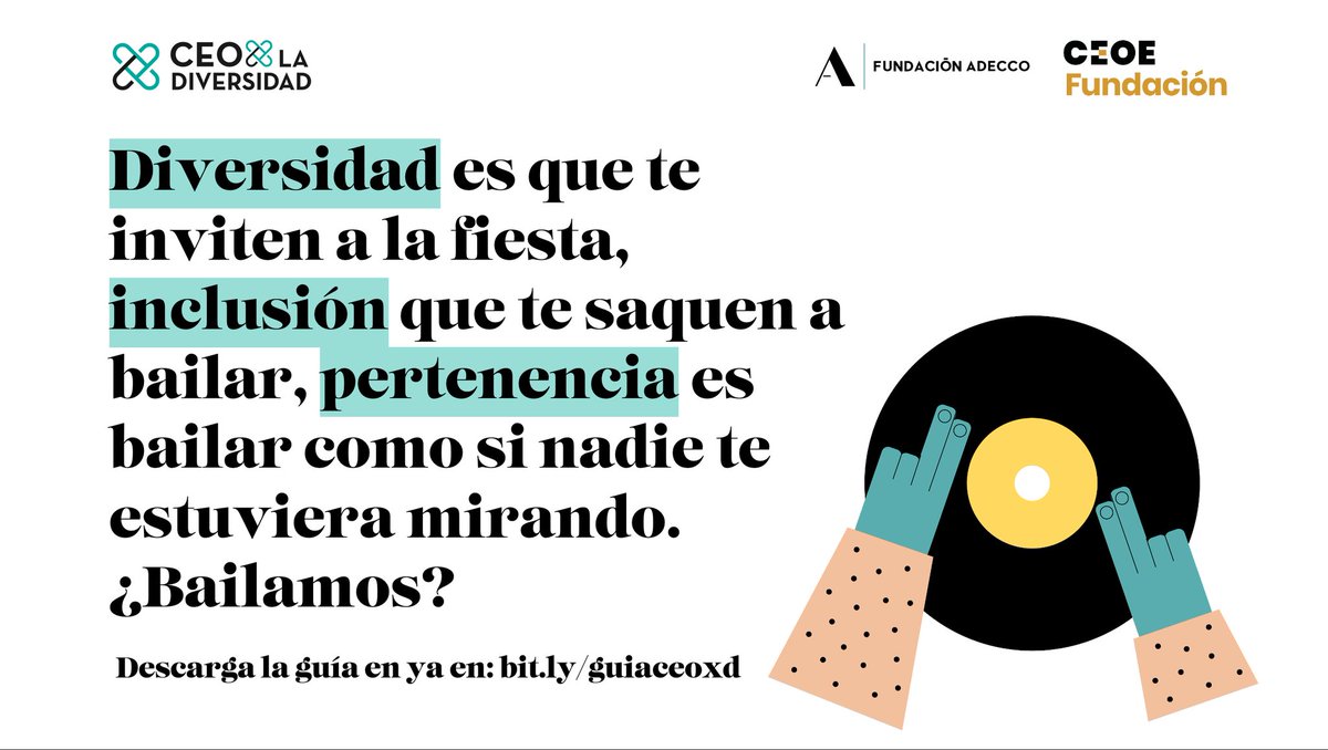 pgmenchen's tweet image. Diversidad es que te invite a la fiesta, equidad que pongan tu canción preferida, inclusión que te saquen a bailar, pertenencia es bailar como si nadie te estuviera mirando. ¿Bailamos?

DESCARGA LA GUÍA: bit.ly/guiaceoxd